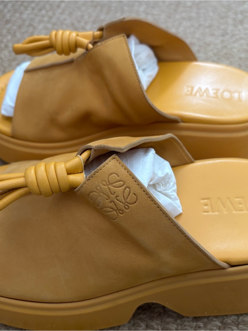 Loewe Mustard Yellow Flamenco Knot Leather Platform Slide Sandals - Picture 3 of 9